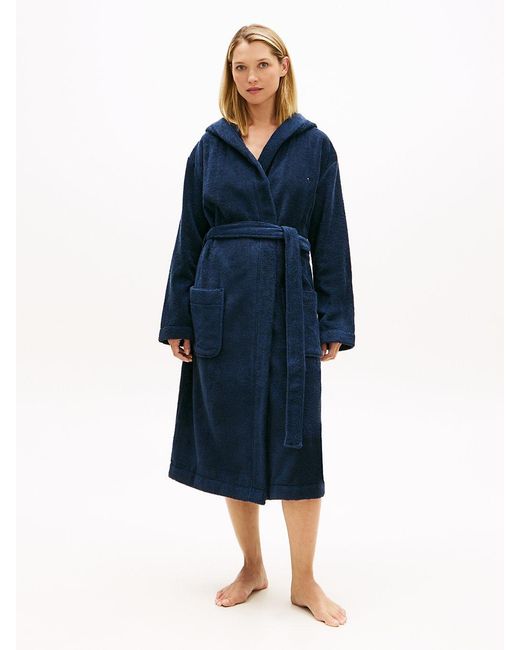 Tommy Hilfiger Blue Essential Flag Embroidery Hooded Bathrobe