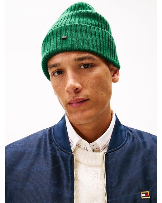 Tommy Hilfiger Green Hilfiger Flag Pure Wool Beanie for men