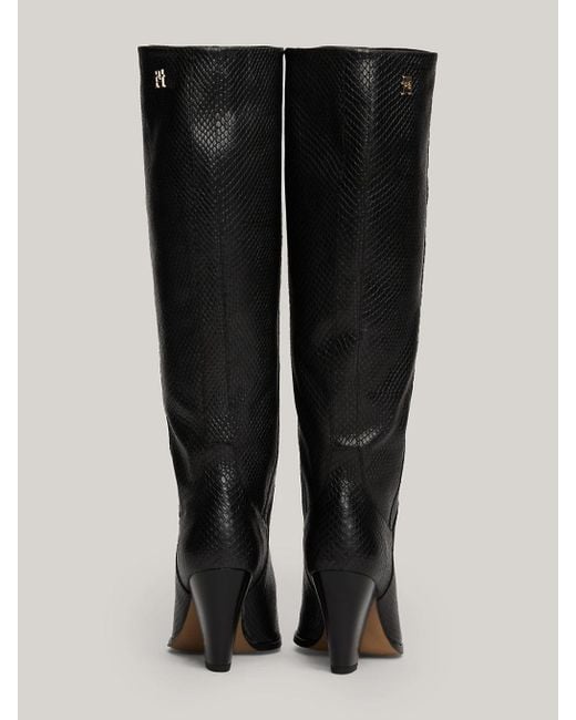 Tommy Hilfiger Black Leather Snake Embossed Knee-high Cowboy Boots