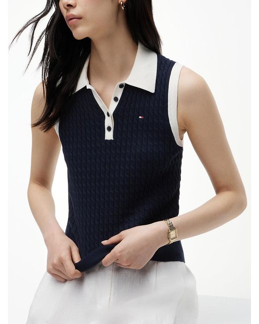 Tommy Hilfiger Blue Cable Knit Slim Sleeveless Polo Jumper