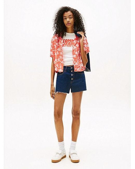 Tommy Hilfiger Cropped Overhemd Met Print En Korte Mouwen in het Red