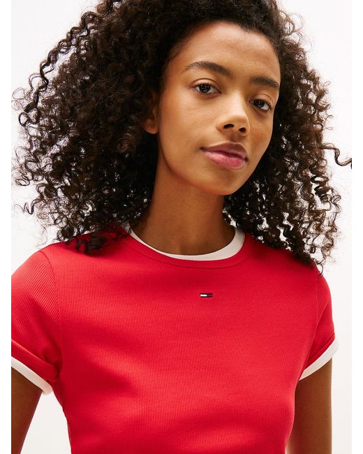 Tommy Hilfiger Red Ribbed Slim Crew Neck T-Shirt