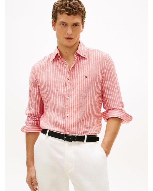 Tommy Hilfiger Pink Regular Fit Bengal Stripe Pure Linen Shirt for men