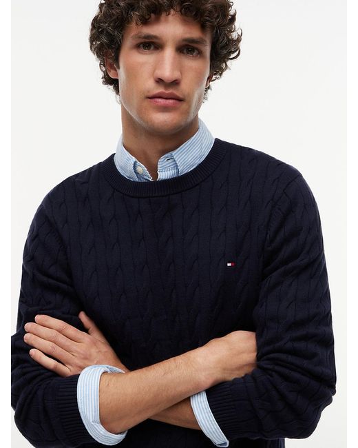 Tommy Hilfiger Blue Cable Knit Crewneck Sweater Lightweight Pullover for men