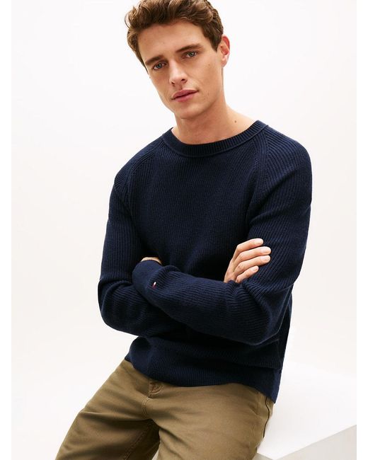 Tommy Hilfiger Blue Relaxed Wool Blend Fisherman Rib-Knit Jumper for men