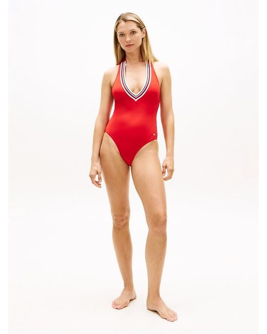Tommy Hilfiger Red Global Stripe Plunge Halterneck Swimsuit