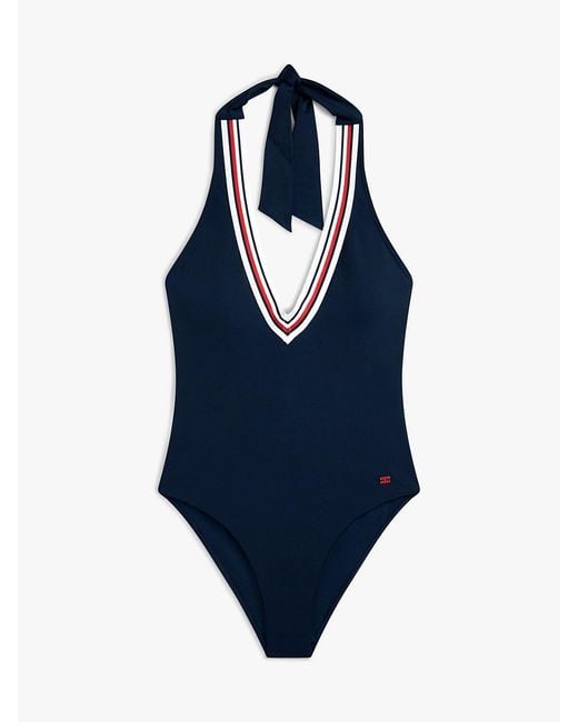 Tommy Hilfiger Blue Global Stripe Plunge Halterneck Swimsuit