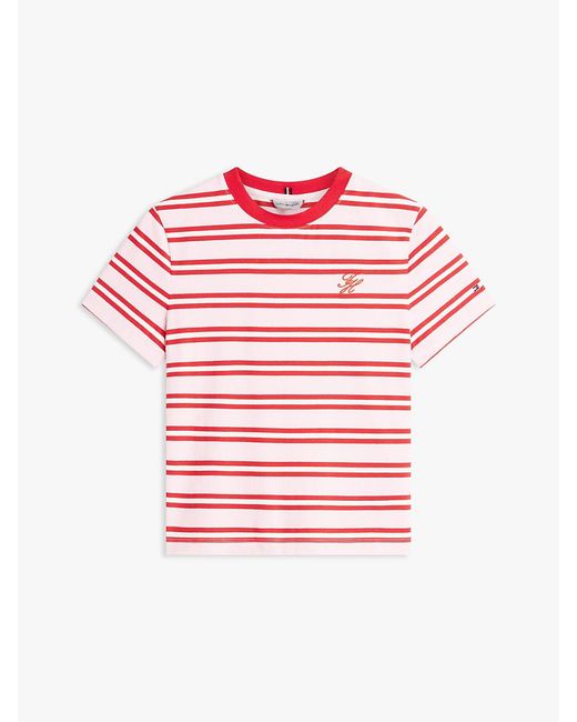 Tommy Hilfiger Red Logo Embroidery Jersey Crew Neck T-Shirt