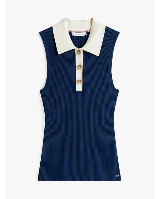 Pull Sans Manches À Col Polo Ajusté En Maille Tommy Hilfiger en coloris Blue
