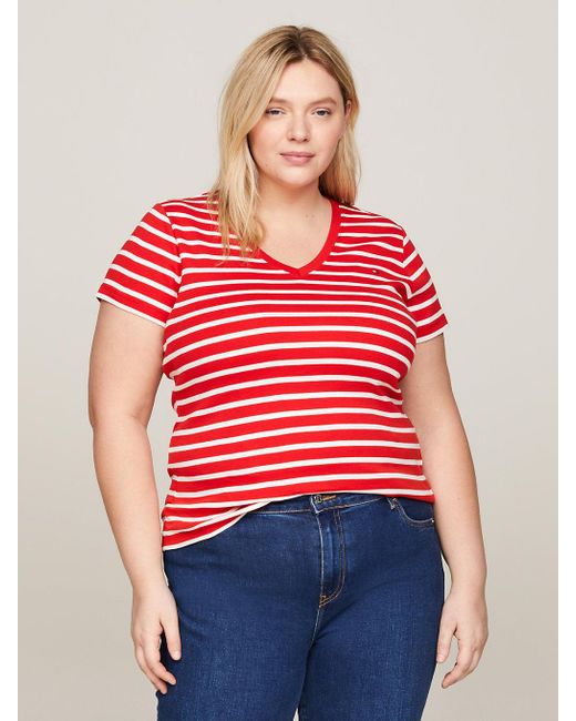 Tommy Hilfiger Red Curve Stripe V-neck Slim T-shirt