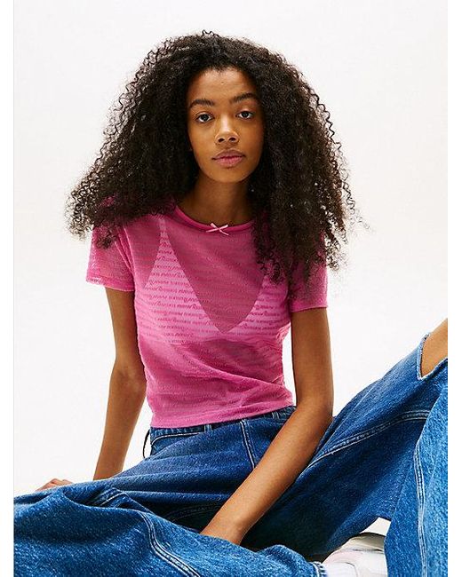 Tommy Hilfiger Slim Fit T-Shirt Van Mesh Met Repeat Logo in het Red