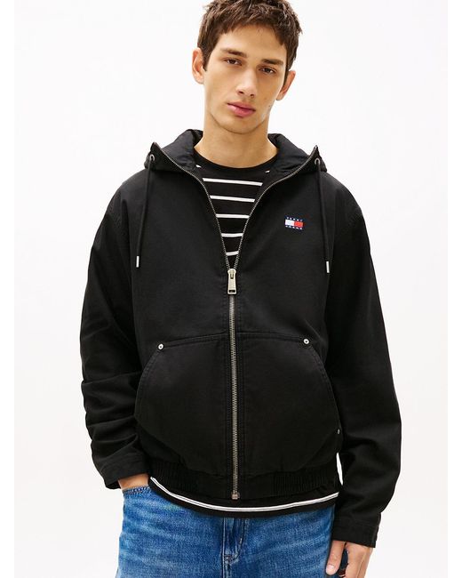 Tommy Hilfiger Black Herringbone Twill Relaxed Zip-Thru Hooded Jacket for men