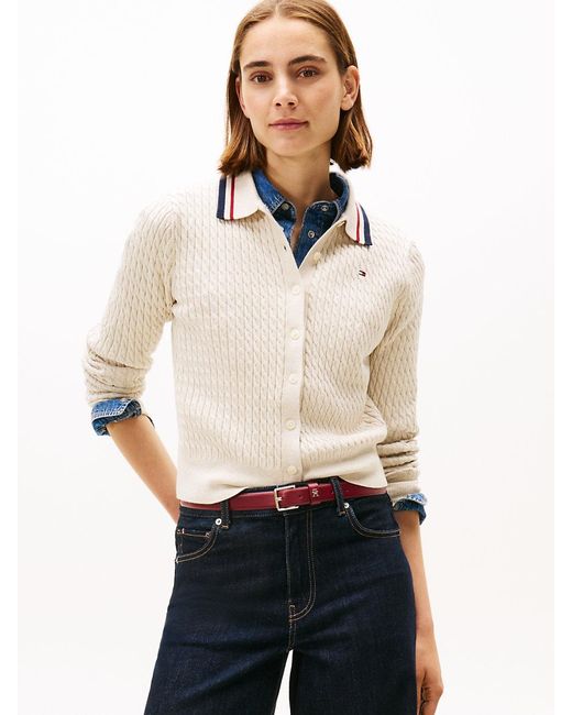 Tommy Hilfiger White Fine Cable Knit Polo Collar Cardigan
