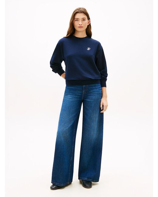 Tommy Hilfiger Blue Logo Embroidery Crew Neck Sweatshirt