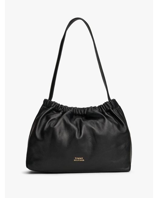 Tommy Hilfiger Black Soft Leather Logo Plaque Shoulder Bag