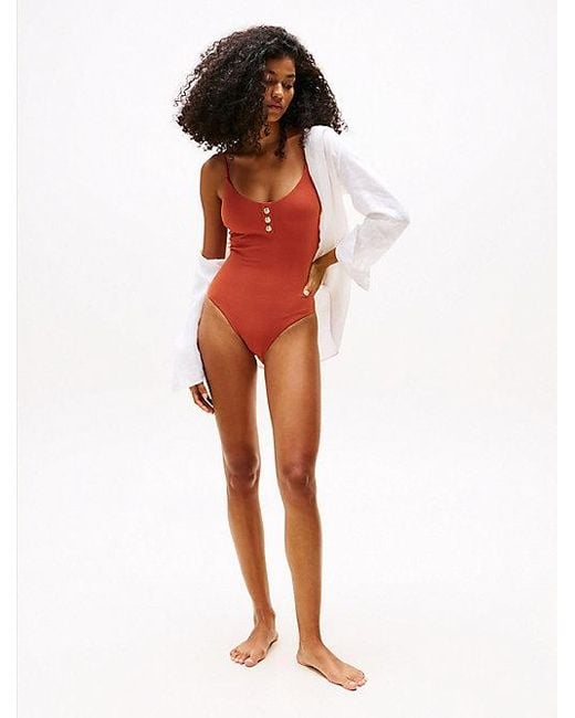Tommy Hilfiger Orange Strukturierter Badeanzug Mit Geprägten Knöpfen