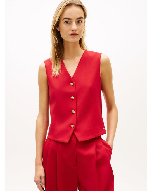 Tommy Hilfiger Red Timeless Wool Blend Gold-tone Button Waistcoat