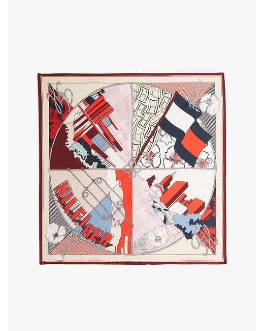 Tommy Hilfiger Red Hilfiger Flag Pure Silk Floral Square Scarf