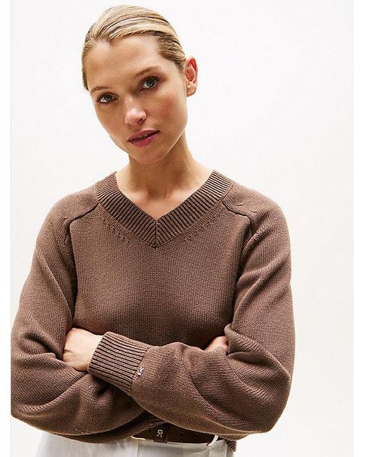 Tommy Hilfiger Boxy Fit Trui Van Jersey Met V-Hals in het Brown