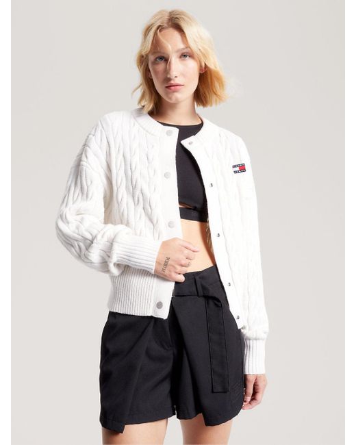Tommy Hilfiger White Cable Knit Badge Relaxed Cardigan
