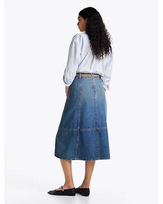 Tommy Hilfiger Denim A-Line Midirok Met Leren Detail in het Blue