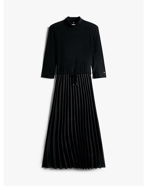 Vestido Midi Plisado Con Corte Evasé Tommy Hilfiger de color Black