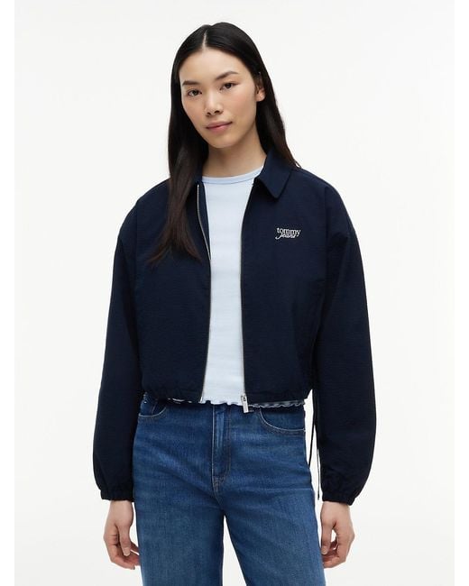 Tommy Hilfiger Blue Seersucker Drawstring Hem Relaxed Coach Jacket