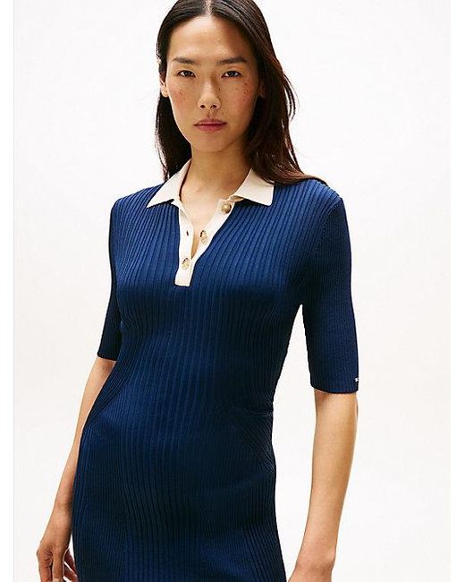 Tommy Hilfiger Geribde Maxi-Polojurk in het Blue