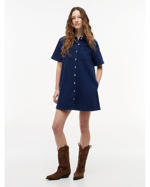 Tommy Hilfiger Blue Textured Twill A-Line Mini Shirt Dress