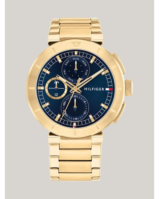Tommy Hilfiger Metallic Navy Dial Ionic Gold-plated Chain-link Watch for men