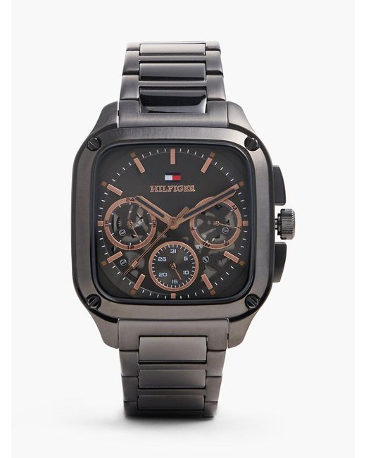 Tommy Hilfiger Gray Square Gunmetal Skeleton Dial Watch for men