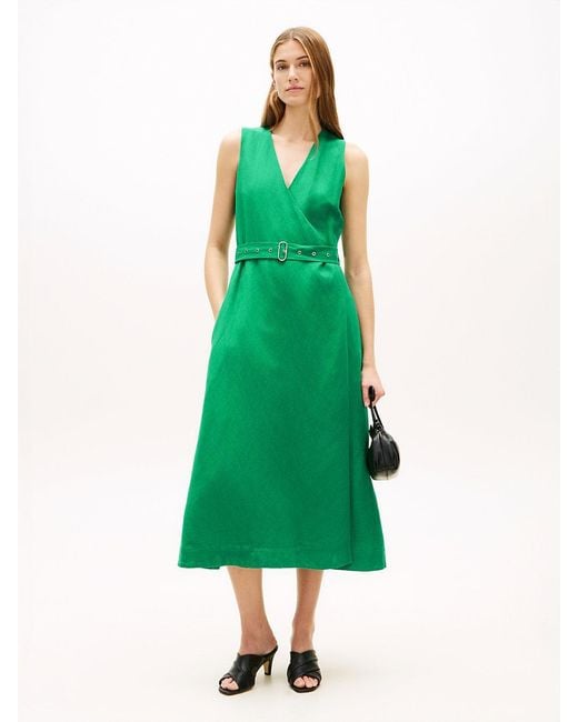 Tommy Hilfiger Green Belted Linen Blend Sleeveless Wrap Midi Dress