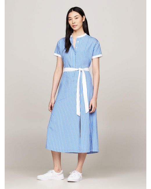 Tommy Hilfiger Blue Stripe Belted Short Sleeve Midi Dress