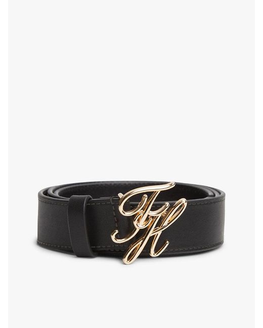Tommy Hilfiger Black Leather Logo Plaque Buckle Belt