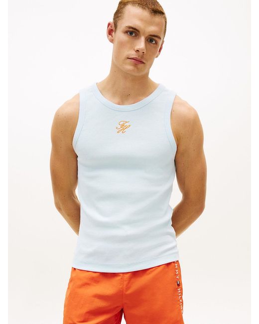 Tommy Hilfiger White Logo Embroidery Ribbed Tank Top for men