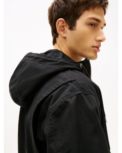 Tommy Hilfiger Black Herringbone Twill Relaxed Zip-Thru Hooded Jacket for men