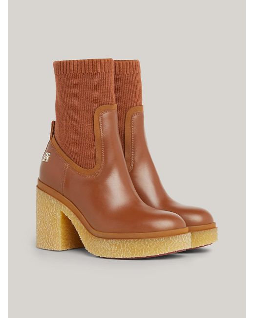 Tommy Hilfiger Brown Leather Crepe Sole Heeled Sock Boots
