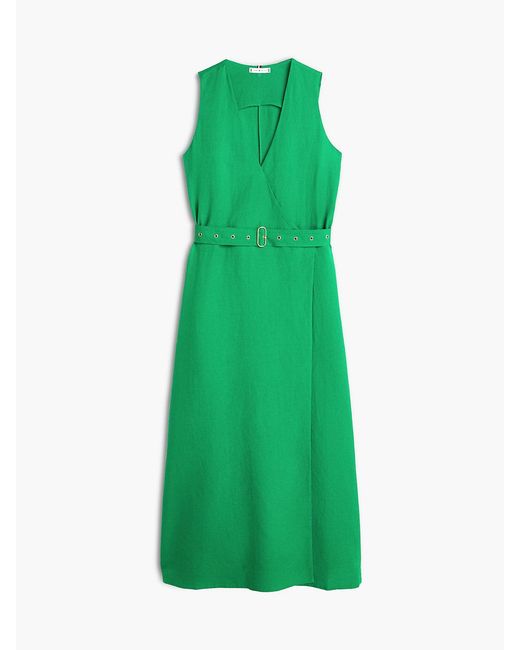 Tommy Hilfiger Green Belted Linen Blend Sleeveless Wrap Midi Dress