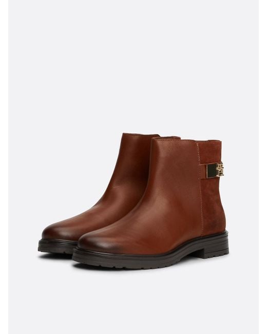 Tommy Hilfiger Brown Mixed Texture Leather Ankle Boots