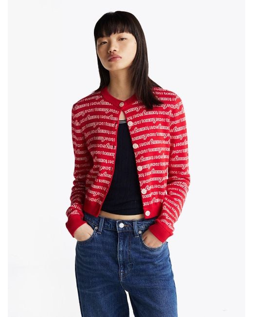 Tommy Hilfiger Red All-over Logo Cropped Slim Cardigan