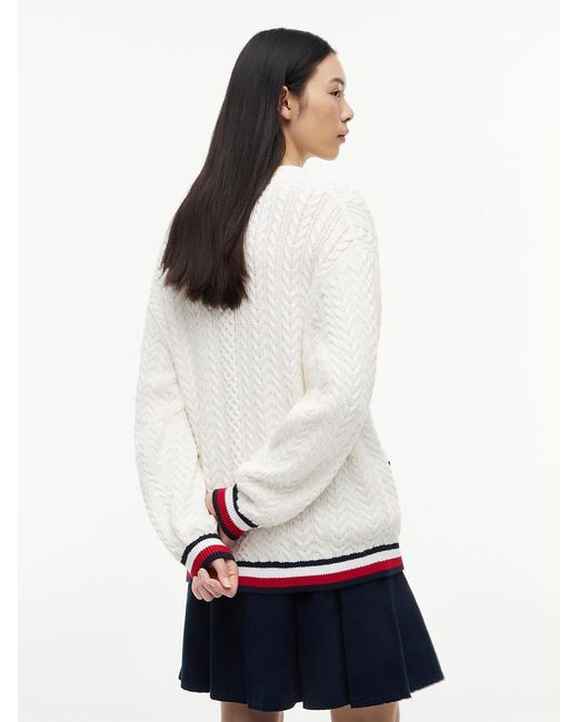 Tommy Hilfiger White Global Stripe Oversized Cable Knit Cardigan