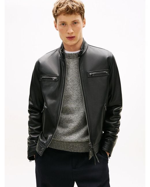 Tommy Hilfiger Black Leather Racer Jacket for men
