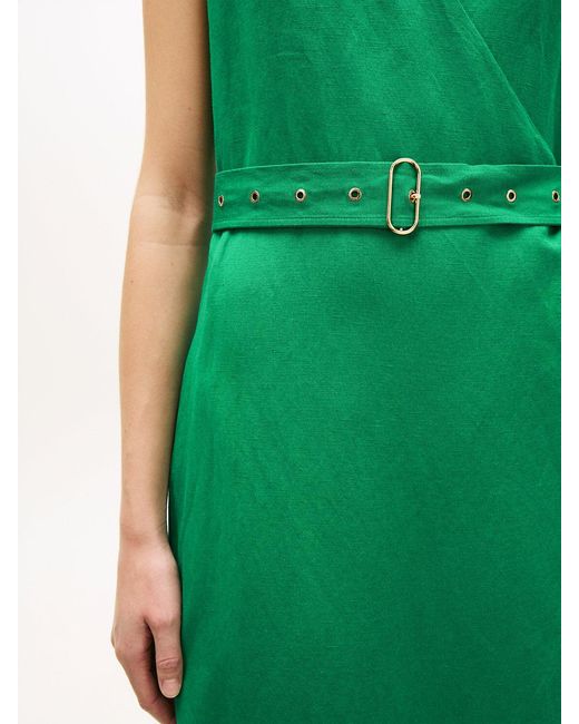 Tommy Hilfiger Green Belted Linen Blend Sleeveless Wrap Midi Dress
