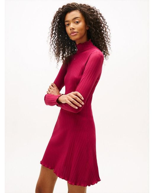 Tommy Hilfiger Red Ruffle Trim Ribbed Slim Mini Dress