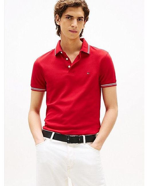 Tommy Hilfiger Slim Fit Polo Met Contrasterende Strepen in het Red voor heren