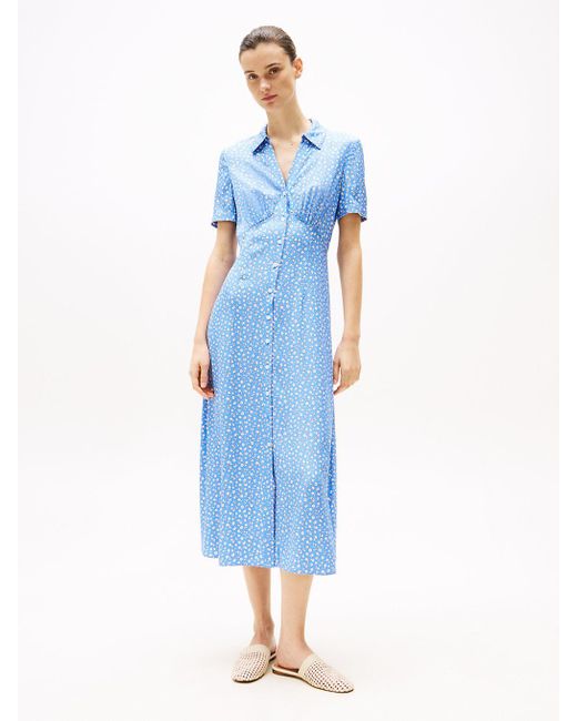 Tommy Hilfiger Blue Floral Print Midi Shirt Dress