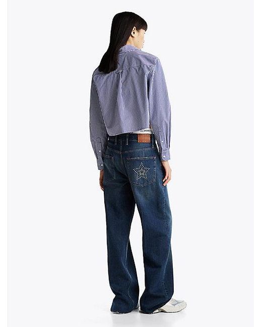 Tommy Hilfiger Poplin Cropped Relaxed Fit Blouse Met Streep in het Blue