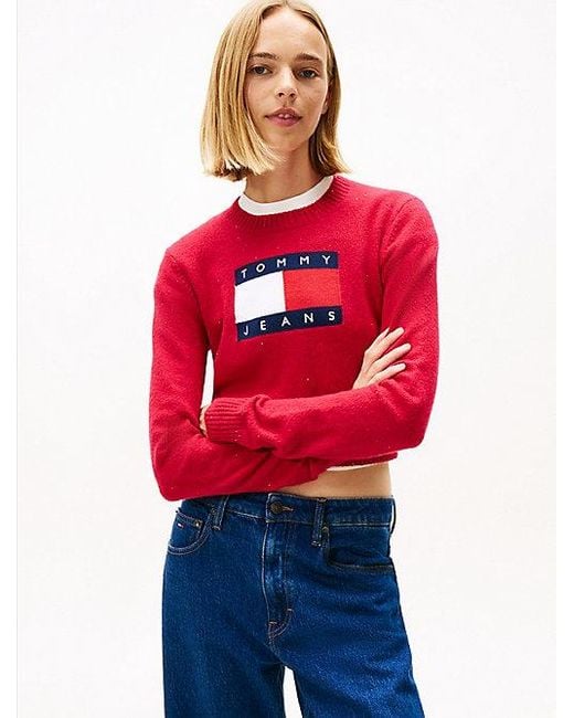 Tommy Hilfiger Slim Fit Trui Met Tommy-Vlag En Pailletten in het Red