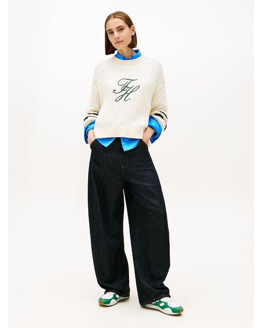 Tommy Hilfiger White Logo Embroidery Relaxed Cable Knit Jumper