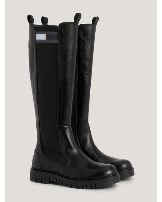 Tommy Hilfiger Tape Detail Leather Knee-high Boots in Black | Lyst UK